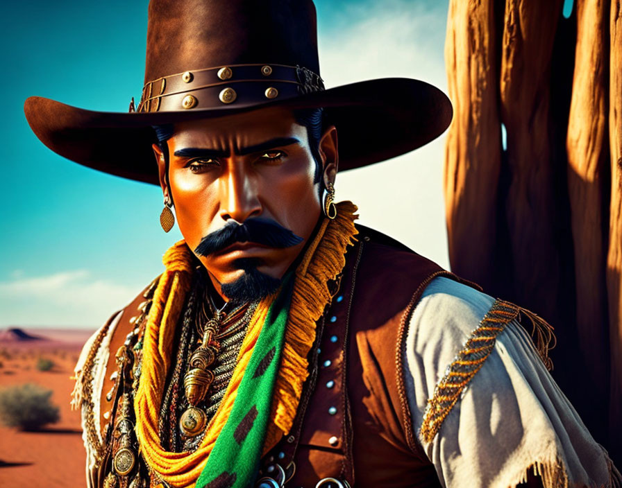 Mustachioed Cowboy with Wide Brimmed Hat and Necklaces in Desert