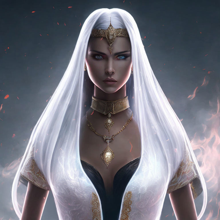 Fantasy illustration of woman with glowing white hair and blue eyes