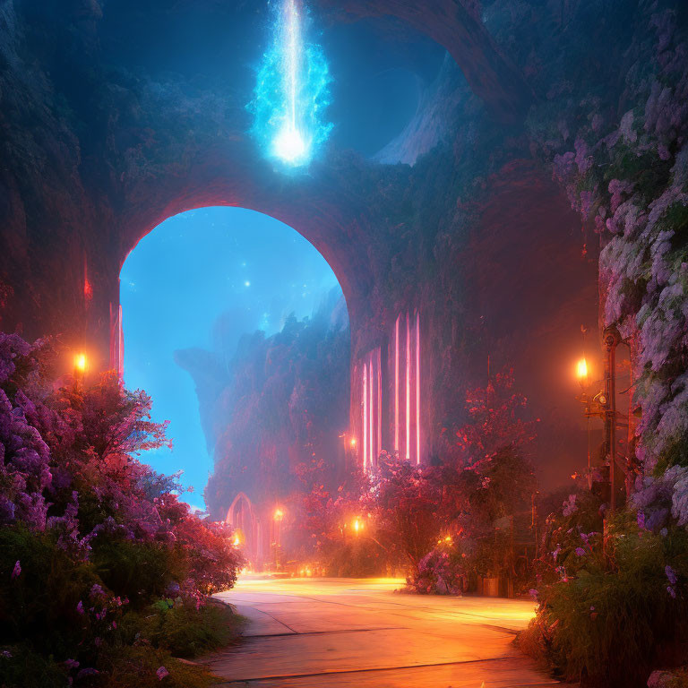 Ethereal cave with glowing blue light, pink blossoms, neon lights, and starry night