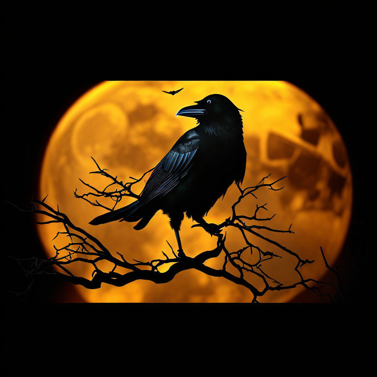 Silhouette of Raven on Branch with Full Moon and Flying Bat