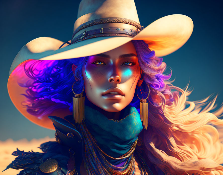 Digital artwork: Woman with blue skin, purple hair, western attire