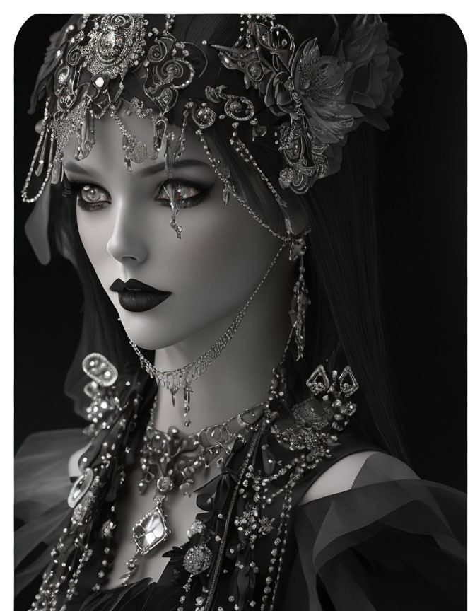 Monochrome image: Woman with dark makeup & silver jewelry