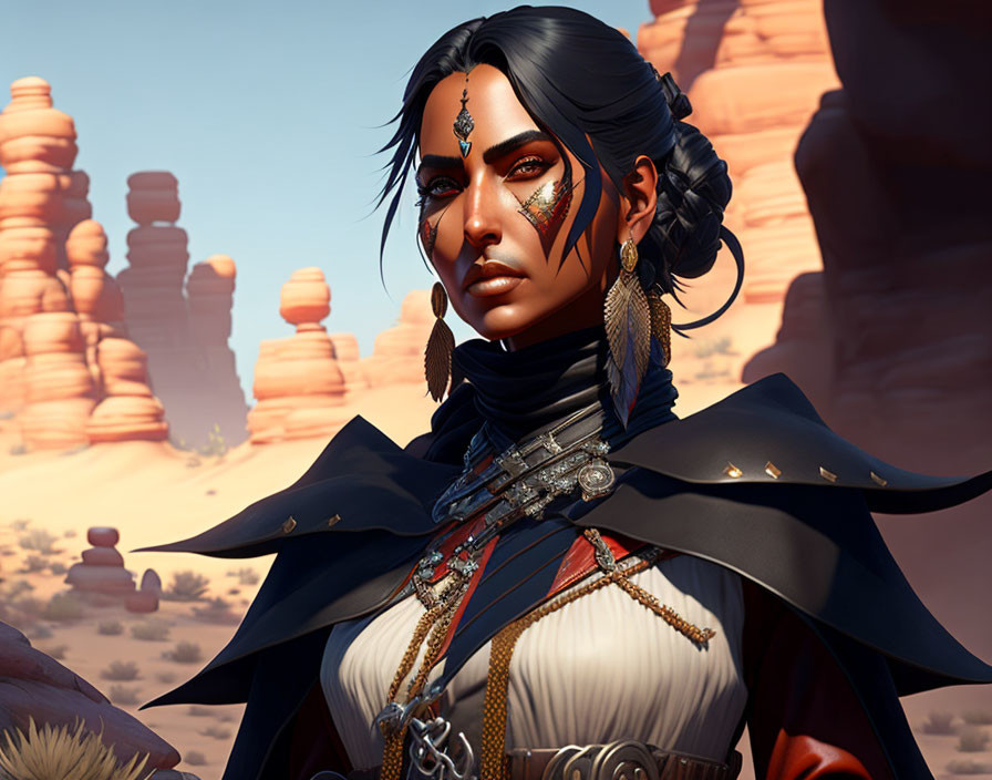 Female 3D Animated Character with Head Jewelry in Desert Setting