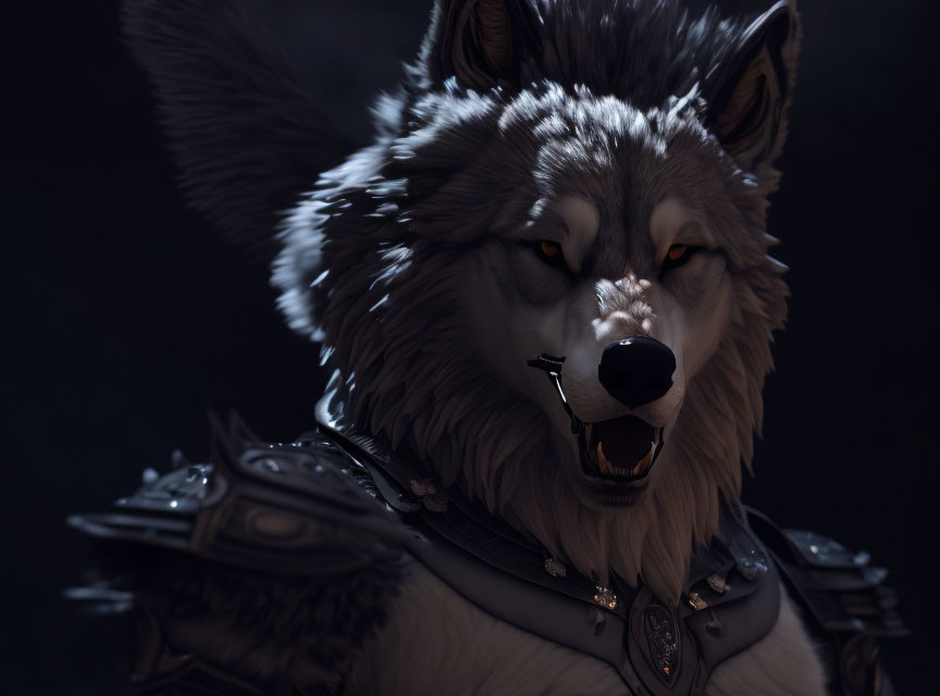 Detailed 3D Render of Snarling Wolf in Grey Fur and Armor with Yellow Eyes