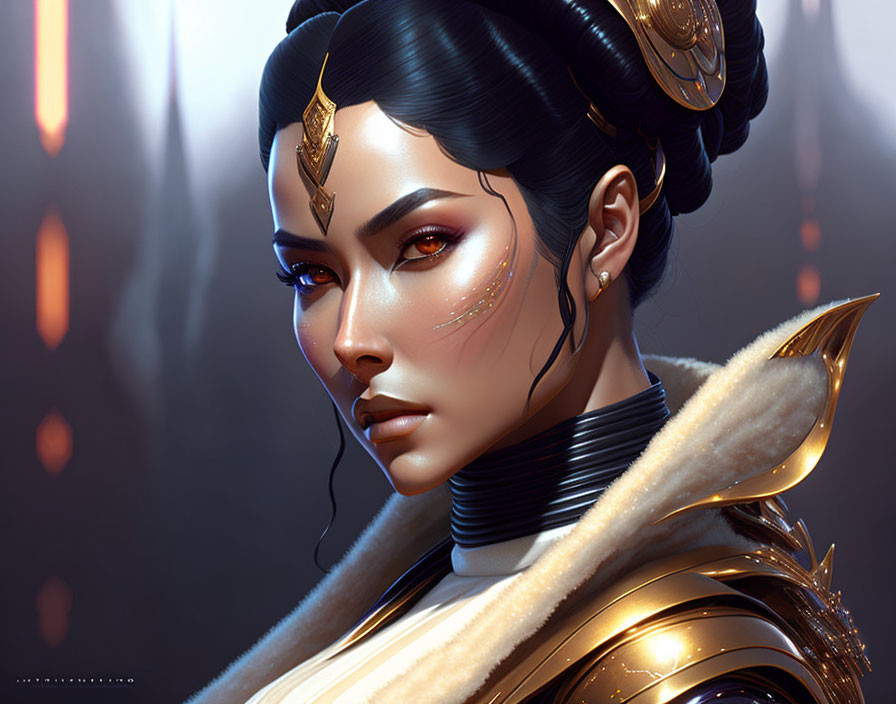 Digital artwork: Woman with elaborate hair, golden armor, and striking makeup