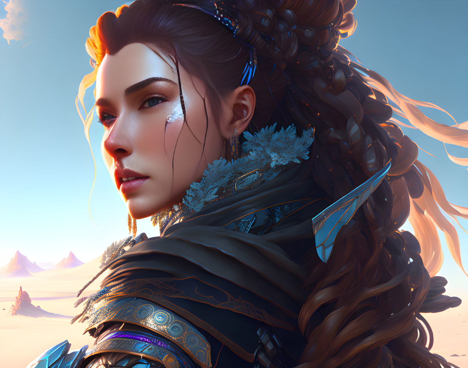 Woman with braided hair and frosty leaves, wearing armor in desert setting