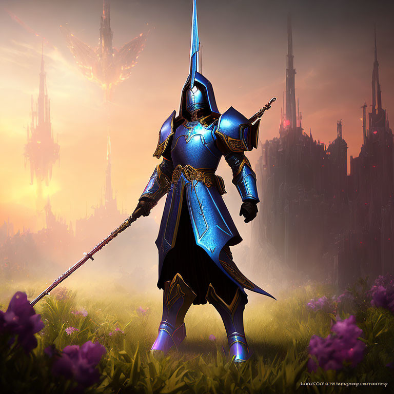 Knight in Glowing Blue Armor with Spear Amid Purple Flowers and Sunset Spires