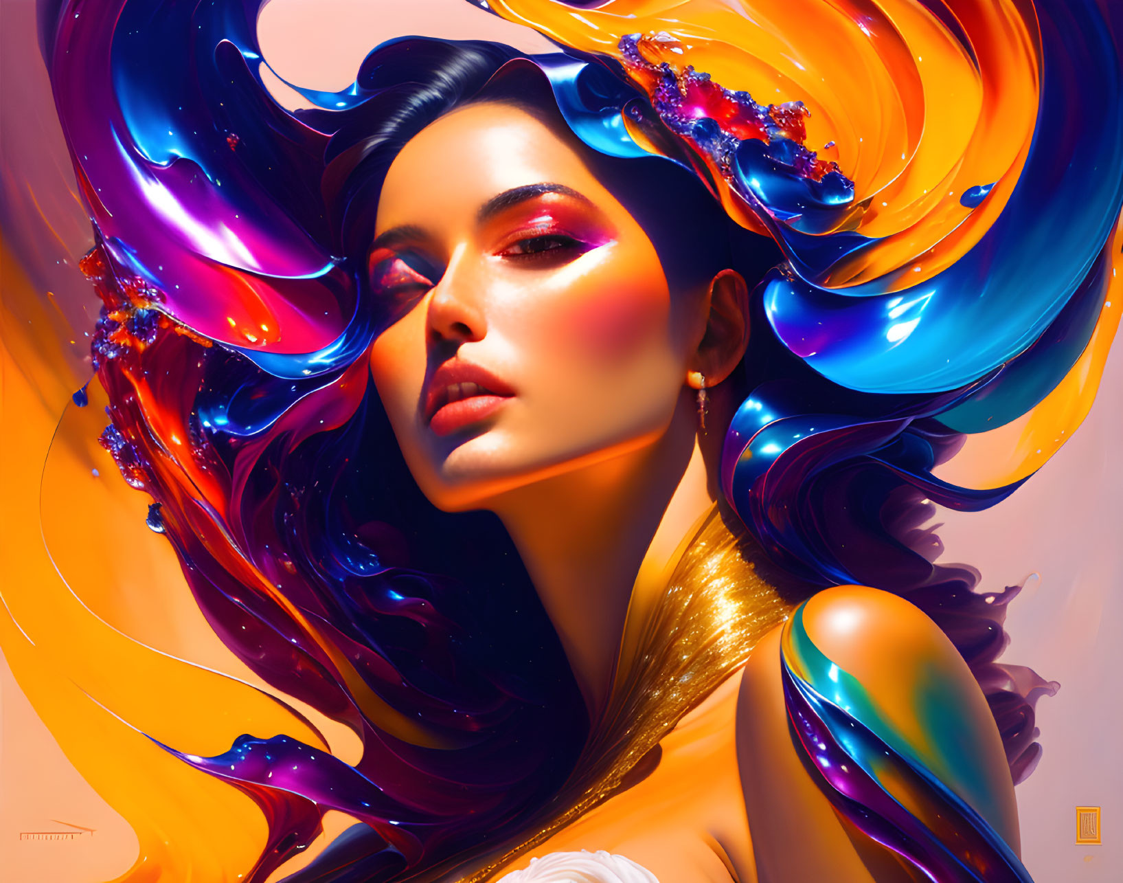 Colorful digital artwork: Woman with flowing hair in vibrant swirls and dynamic shapes