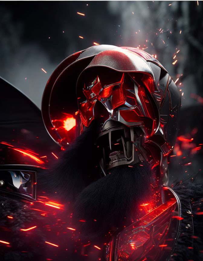 Detailed Illustration of Red and Black Robot Helmet with Glowing Eyes