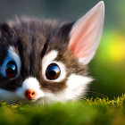 Illustrated kitten with large eyes in green grass.