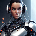 Detailed Close-Up of Female Humanoid Robot with Cybernetic Components wearing Headset