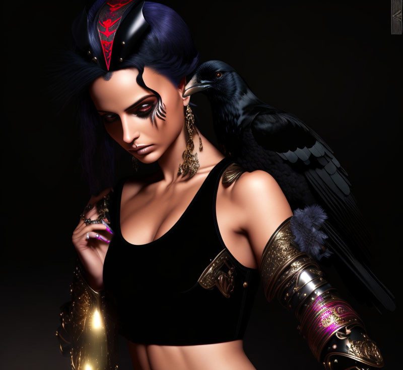 Digital portrait: Woman with blue hair, gold armor, raven on shoulder, dark backdrop