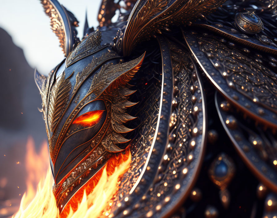 Detailed Dragon in Black and Gold Armor with Glowing Eye and Flames