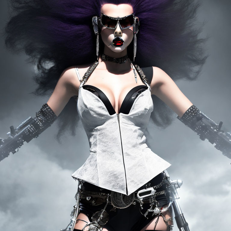 Futuristic female figure with purple hair and cybernetic arms in stormy setting