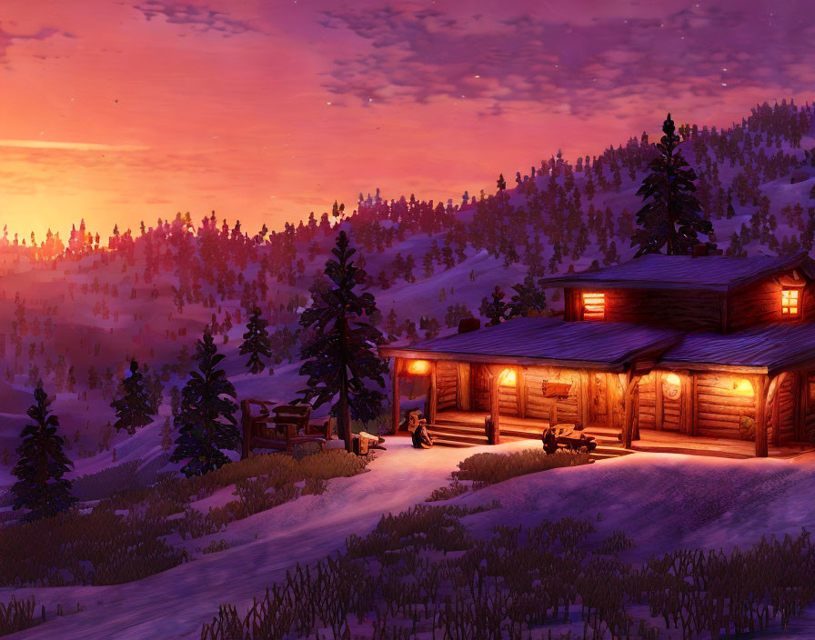 Snowy landscape at sunset: Cozy log cabin with warm fire and person outdoors