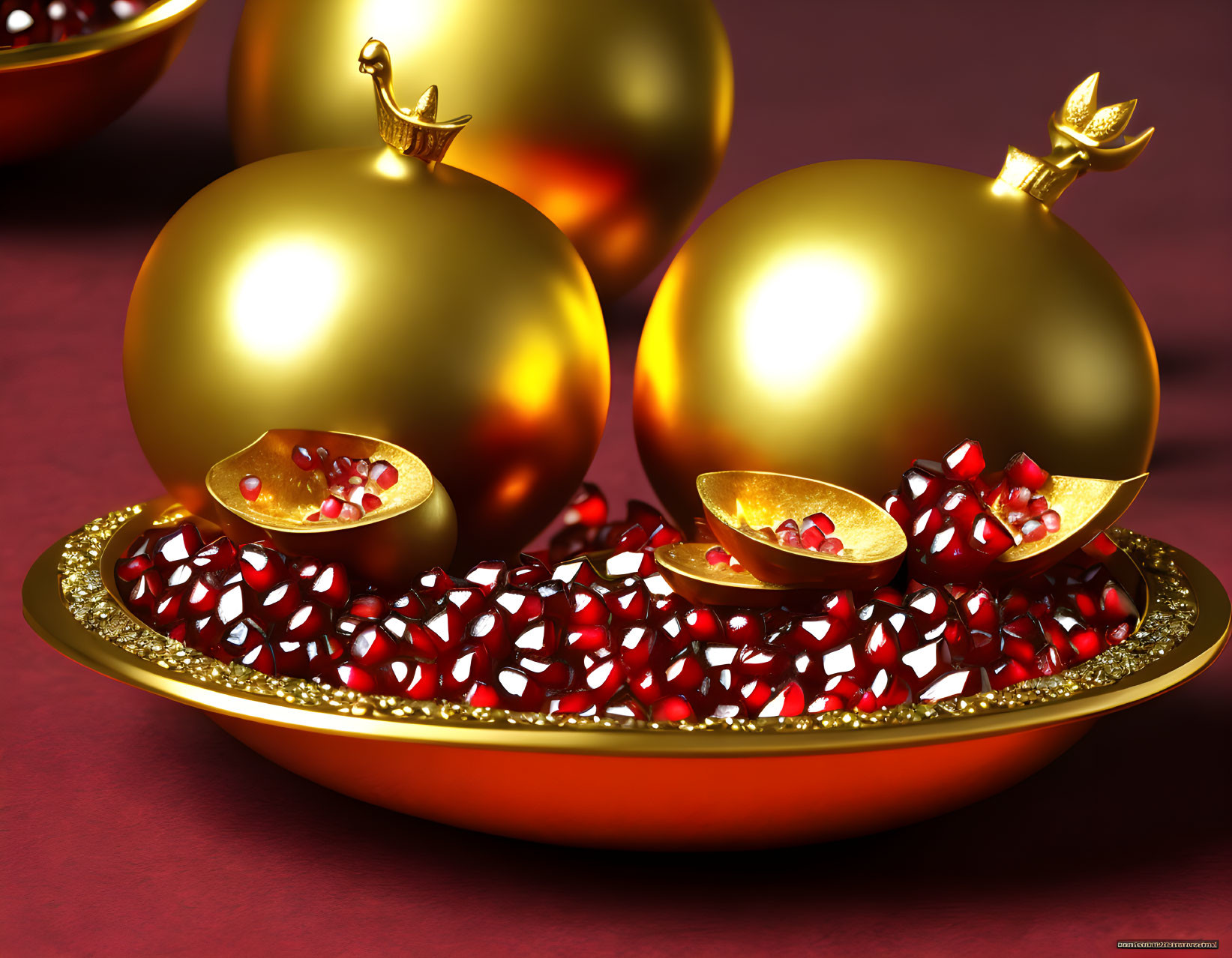 Golden pomegranate ornaments on red plate