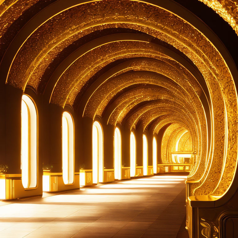 Golden Illuminated Archway Tunnel with Reflective Floors