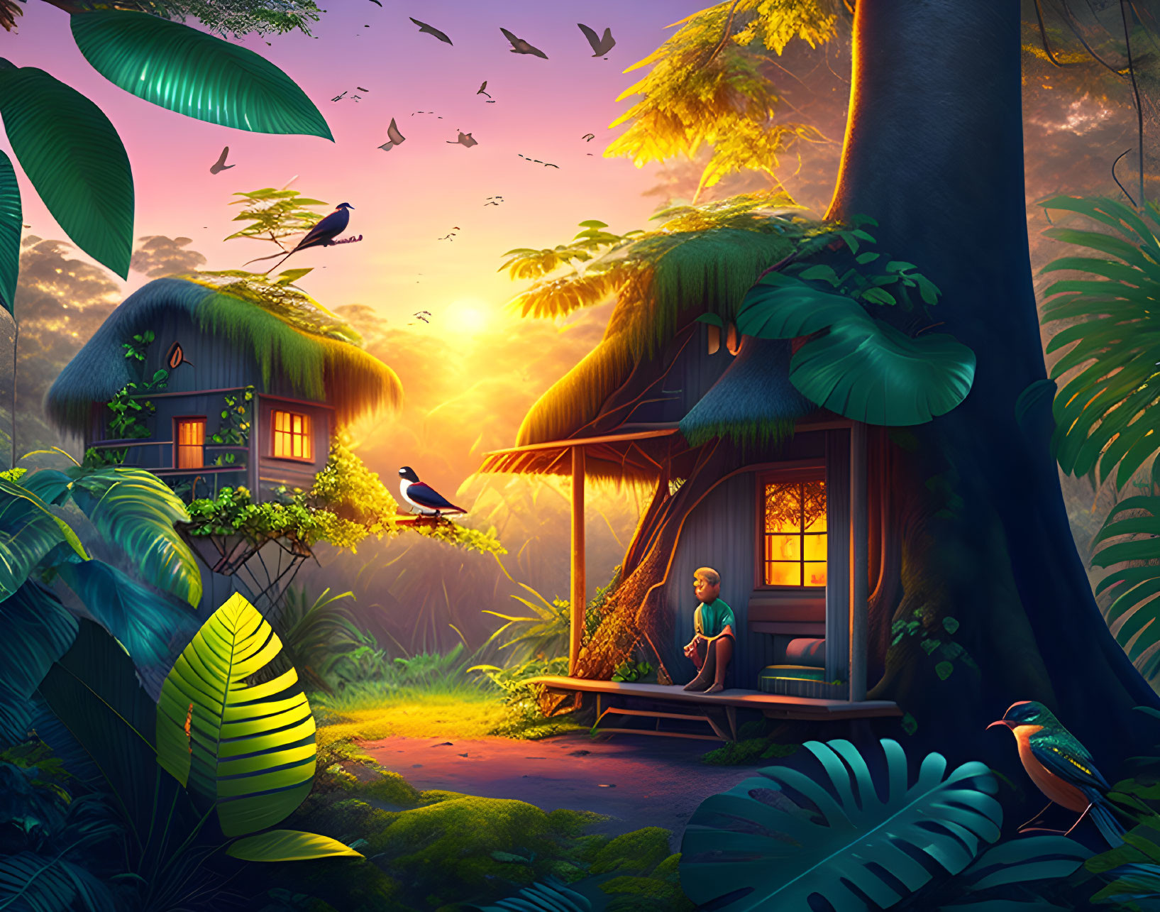 Tranquil Tropical Setting with Thatched Huts and Vibrant Birds