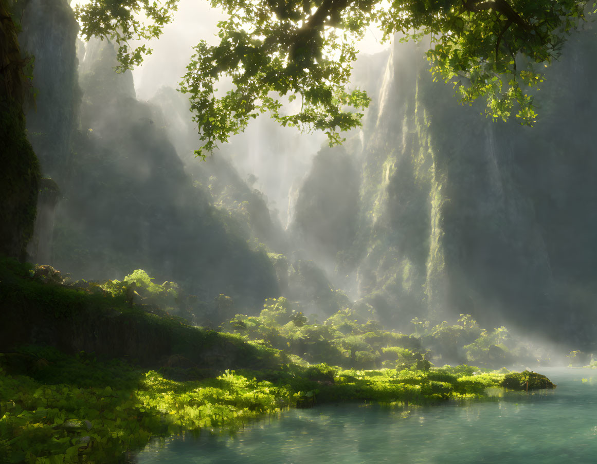 Lush Forest Canopy with Sunlit Waterbody and Misty Cliffs