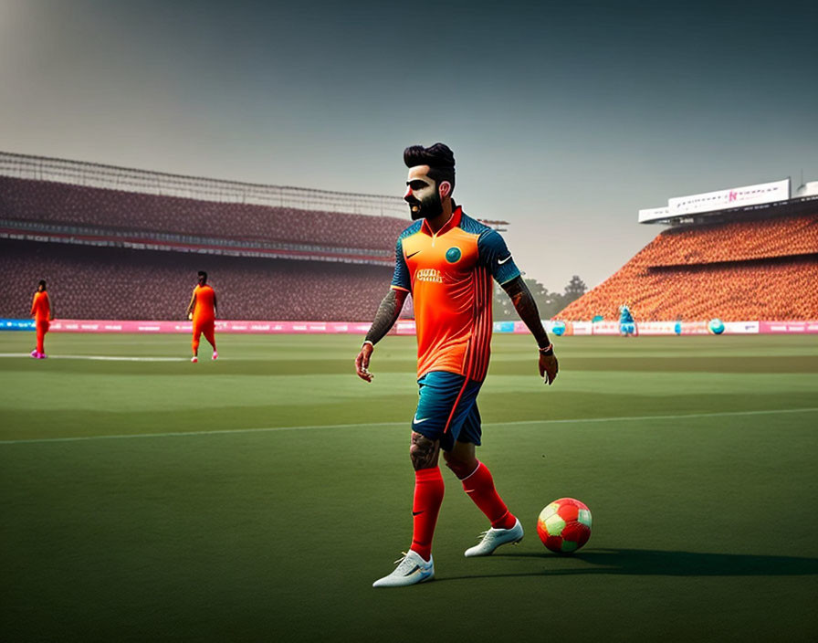 Male soccer player in blue and orange uniform on stadium pitch with ball and teammates in background