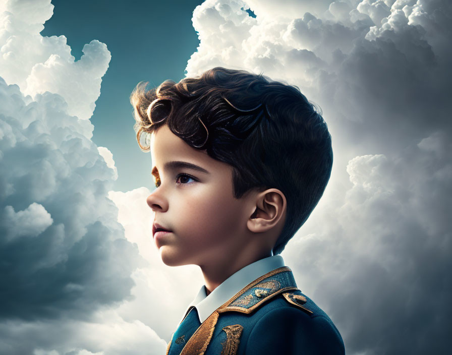 Young boy in dressy uniform gazes thoughtfully with stormy clouds background