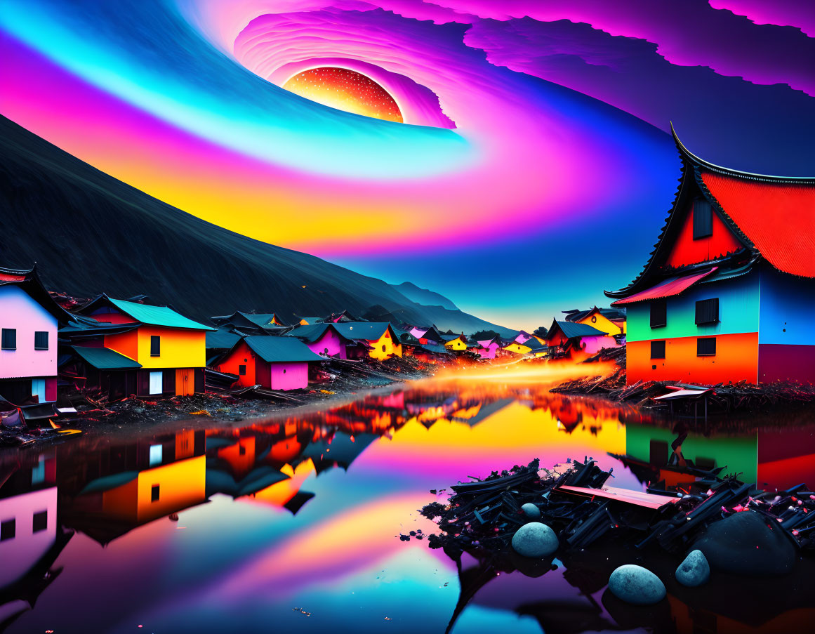 Vibrant Asian-style houses in surreal, colorful landscape