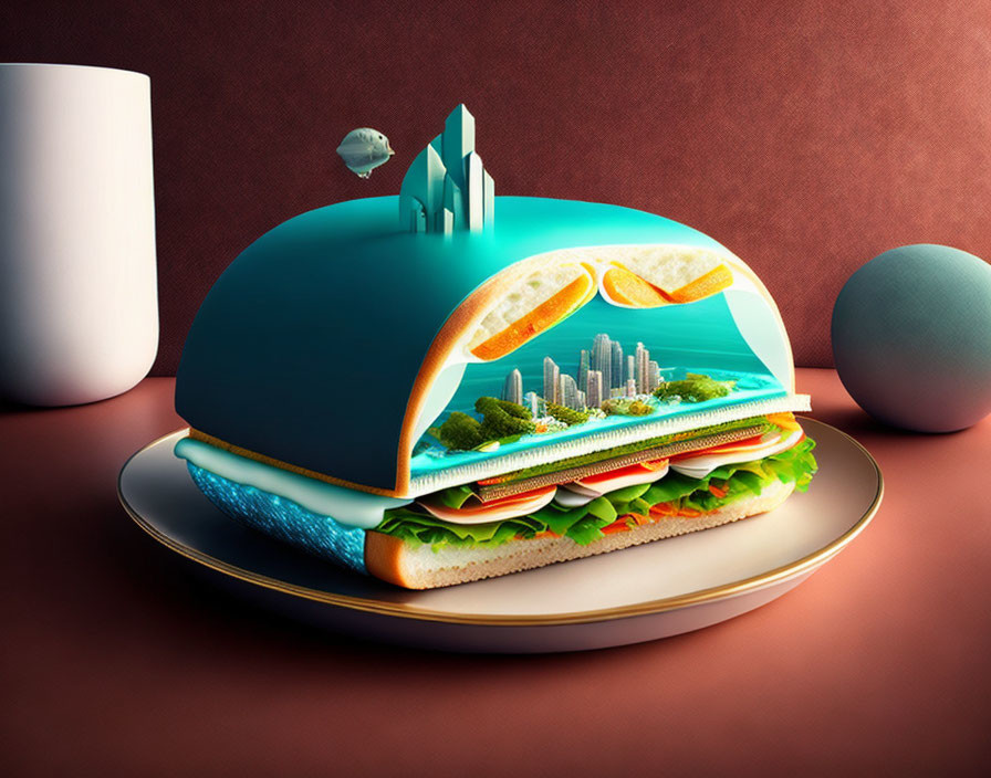 Surreal sandwich diorama with cityscape and landscape layers