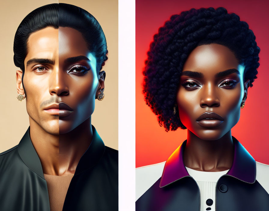 Split portrait of man and woman with contrasting makeup, skintone, hairstyle, and fashion on dual