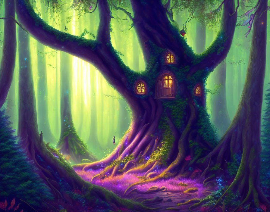 Illustration of large tree with windows and door in purple and green enchanted forest