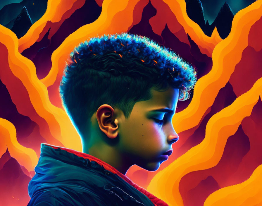 Profile of a boy against fiery abstract background in orange, red, and yellow