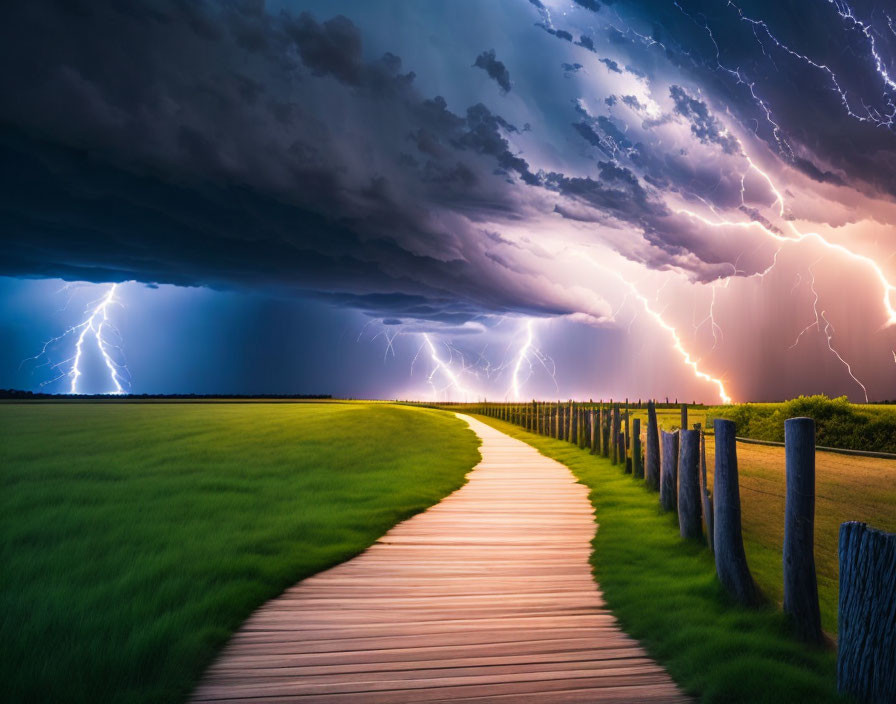 Wooden Boardwalk Through Vibrant Green Field Under Stormy Sky