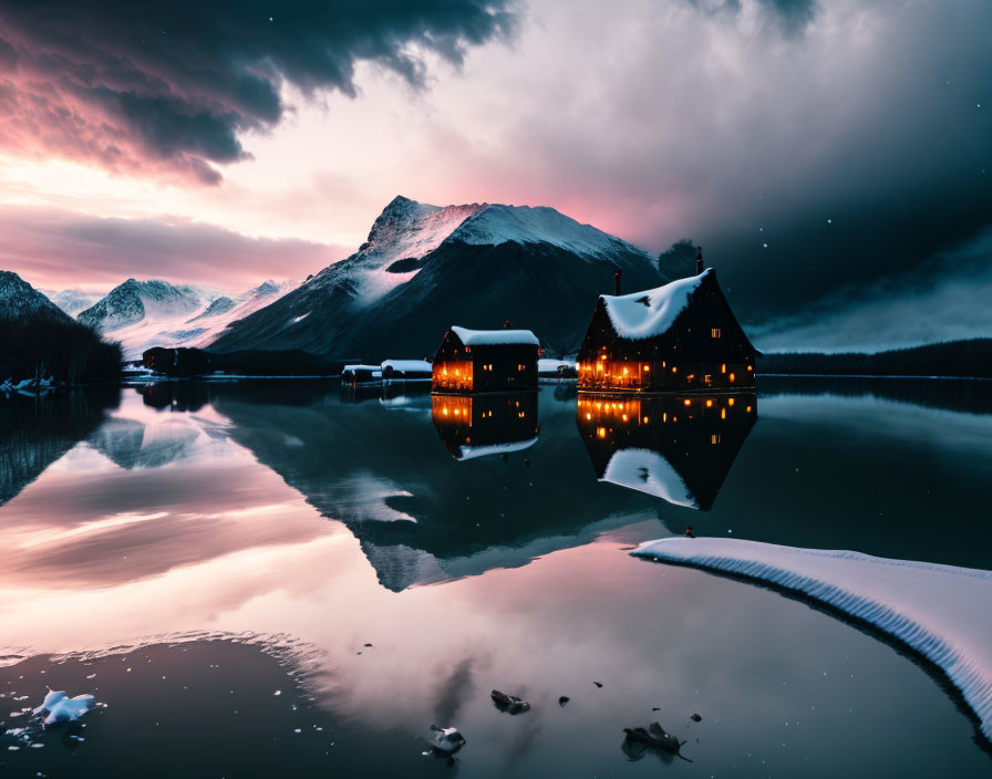 Tranquil Lake at Twilight with Illuminated Houses and Mountain Silhouette