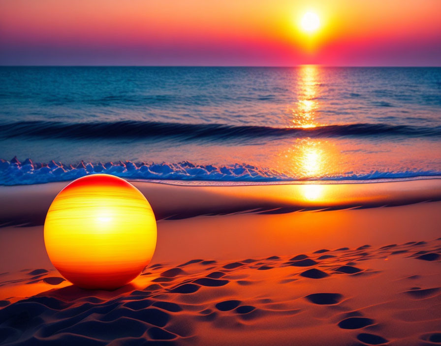 Vibrant Sunset Over Calm Sea with Glowing Orb on Sandy Beach