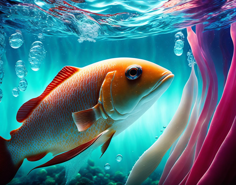 Colorful underwater illustration: Vibrant orange fish, pink coral, and bubbles.