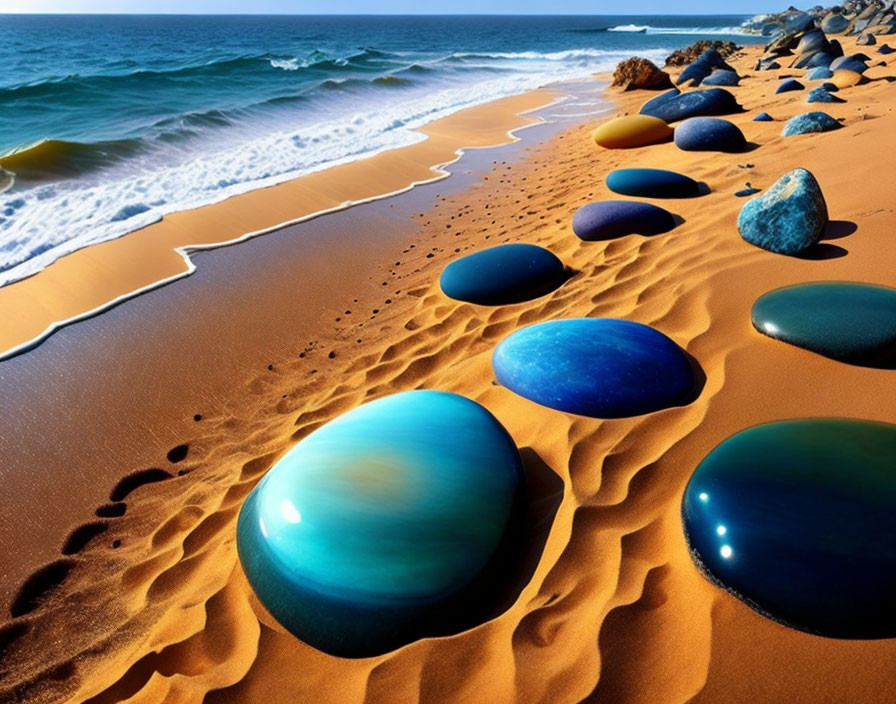 Colorful stones on sandy beach with approaching waves under clear sky