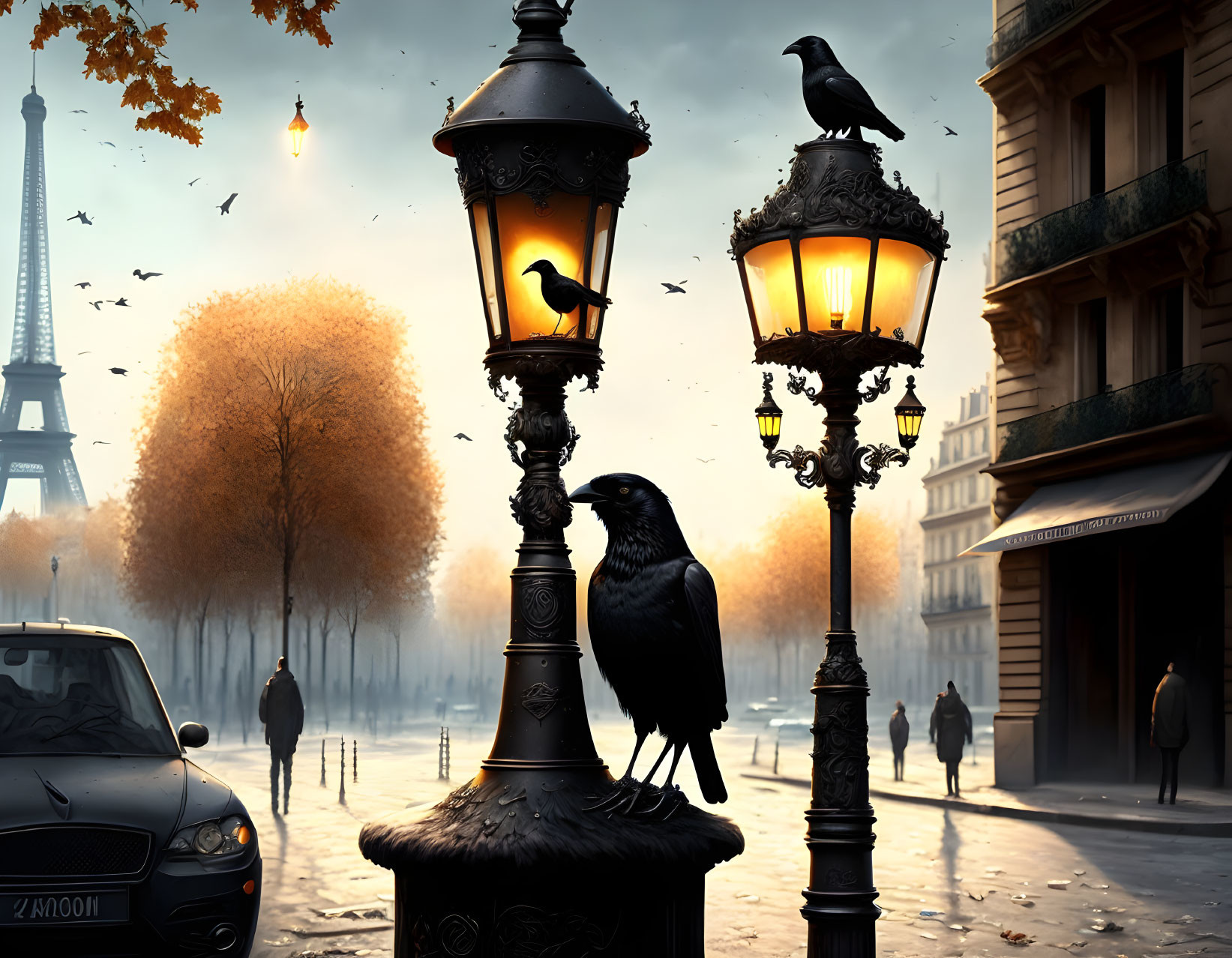Autumn Paris scene with Eiffel Tower, vintage lamps, crow, and silhouettes