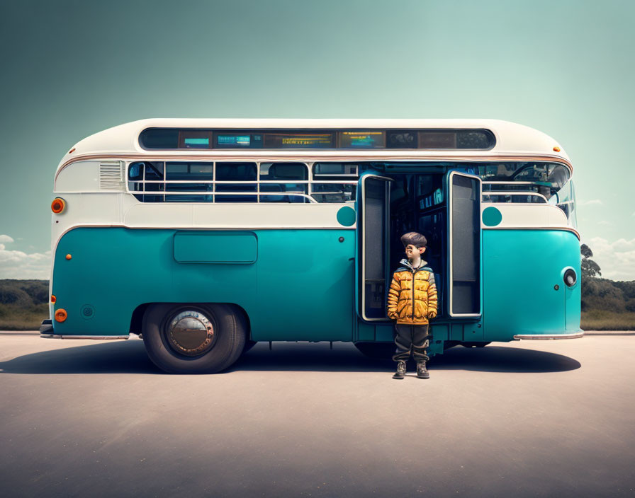 Child in Yellow Jacket at Vintage Turquoise Bus Door Against Sky