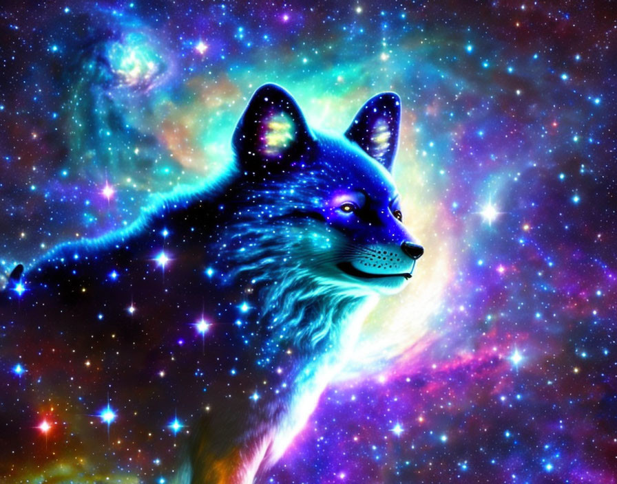 Colorful Cosmic Background with Fox Head Artwork