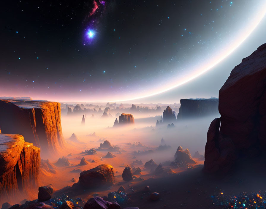 Majestic sci-fi landscape with towering cliffs and vibrant nebula