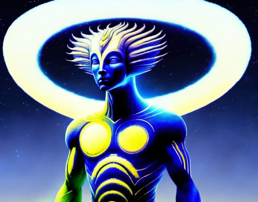 Futuristic character with halo ring and glowing patterns on body