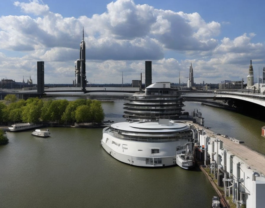 Modern cityscape with round white building, bridge, boats, and cloudy sky