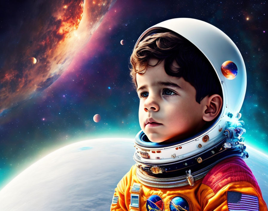 Child in detailed astronaut suit against cosmic background