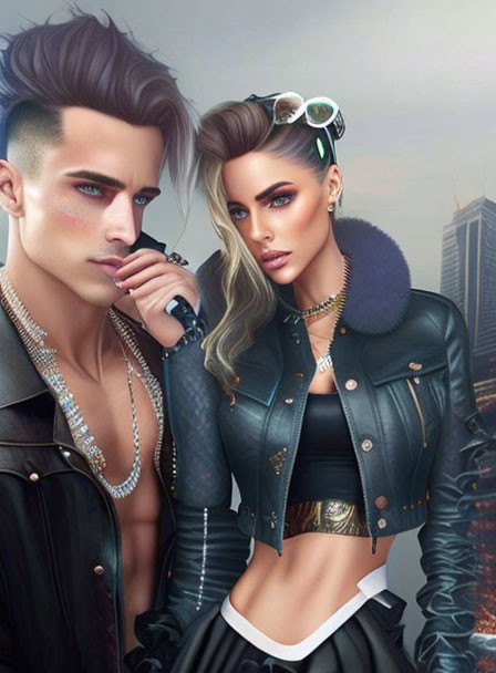 Stylized illustration of trendy couple in leather jackets