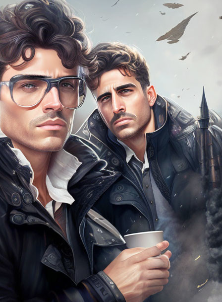Two men with unique hairstyles and glasses pose against an illustrated cloudy sky, one holding a coffee cup,