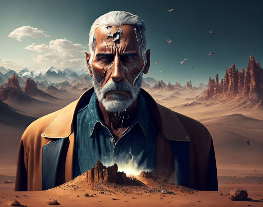 Elderly man with cracked face in desert landscape with birds and mountain range