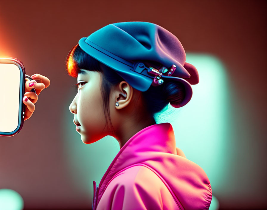 Side-profile portrait of woman in beret with mirror, colorful lighting fashion focus