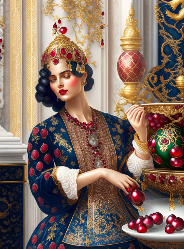 Regal woman in crown with red ornaments and golden egg