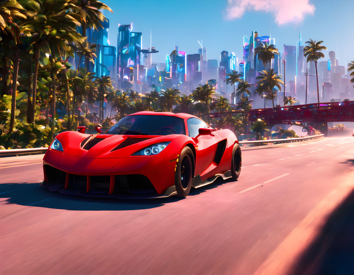 Red Sports Car Speeding on Sunlit Road with Futuristic Cityscape