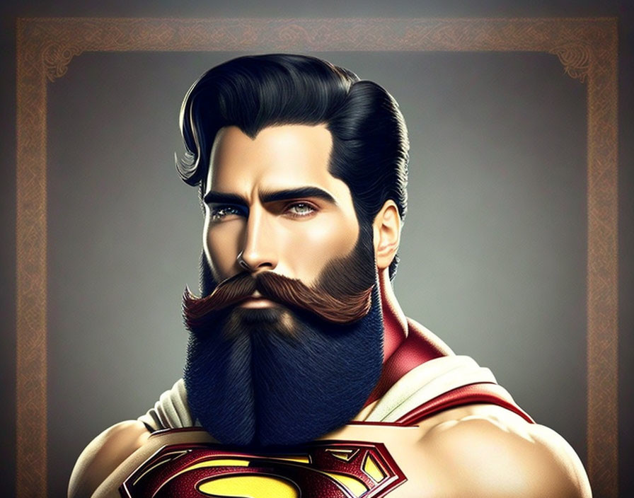 Bearded superhero with stylized hair in red and blue costume