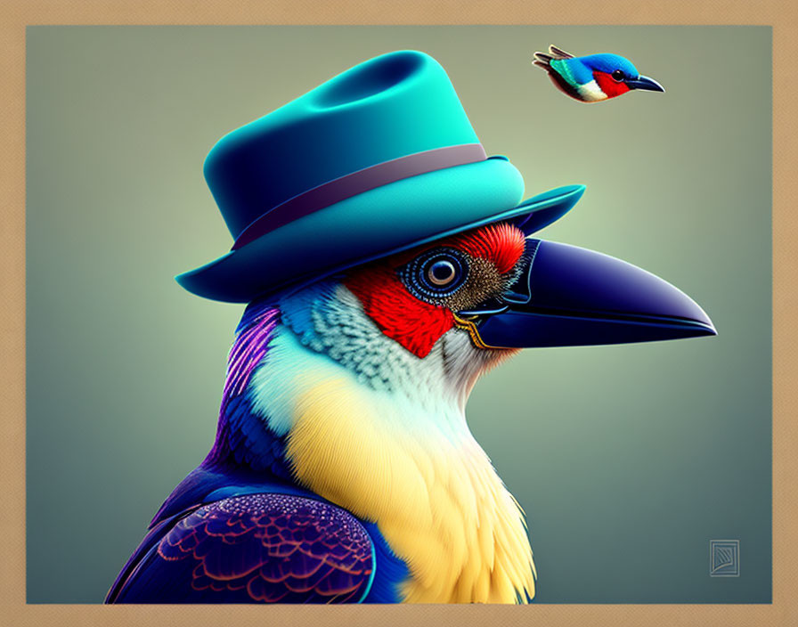 Colorful Bird Artwork with Stylish Blue Hat and Tiny Perched Bird